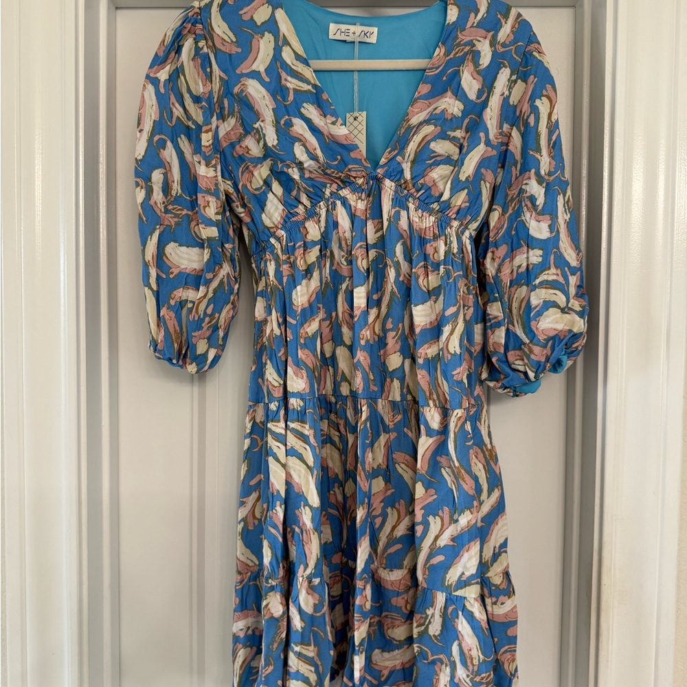 She+Sky Blue and Pink Tiered Patterned Dress
